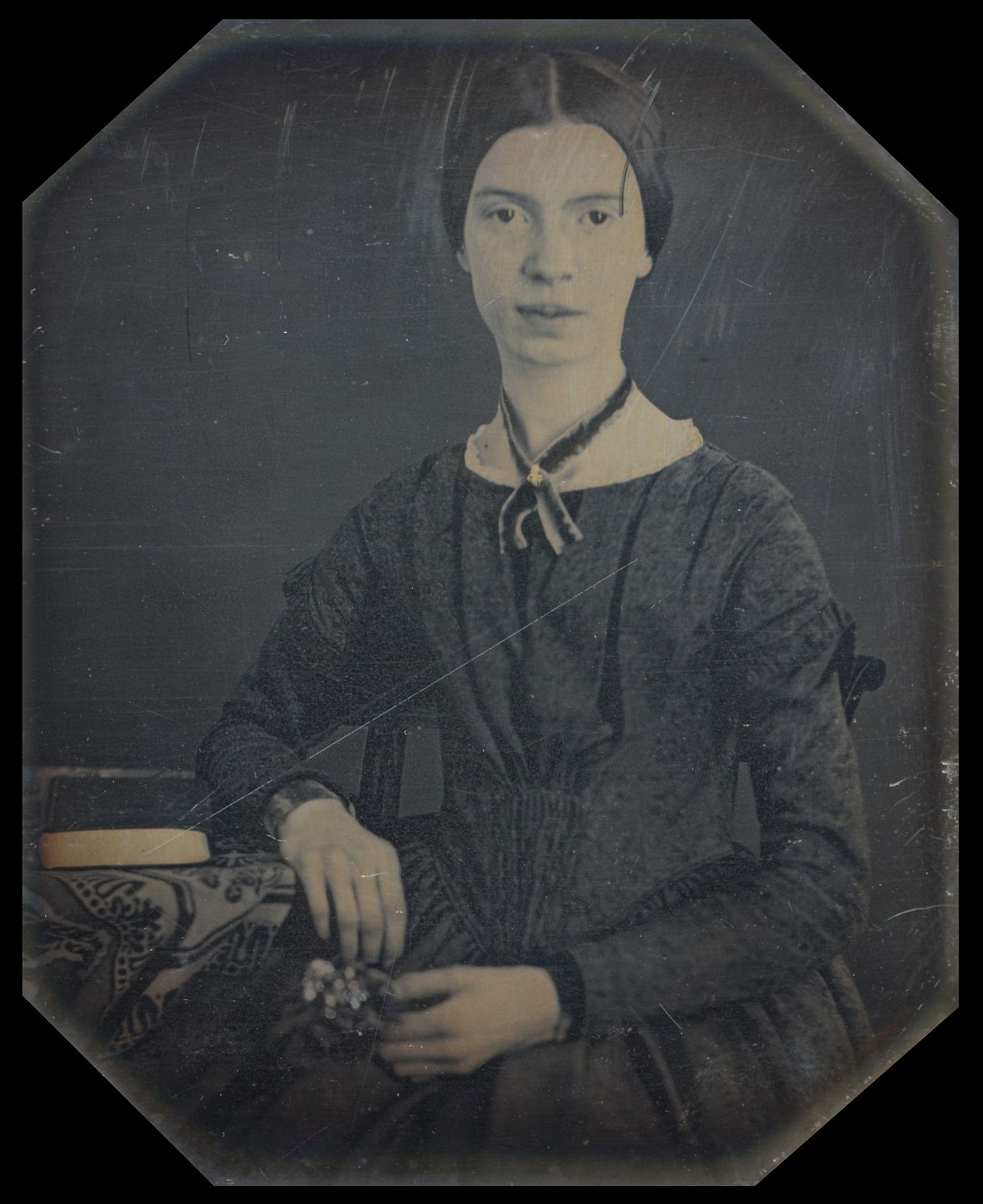 Black-white_photograph_of_Emily_Dickinson by Daguerreotype taken at Mount Holyoke, December 1846 or early 1847